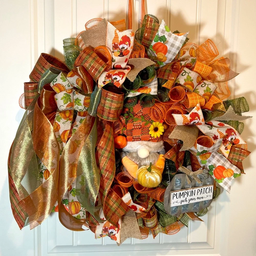 Autum Fall Ribbon Wreath Pumpkin Gnome Handmade 22 in’s. #W2
